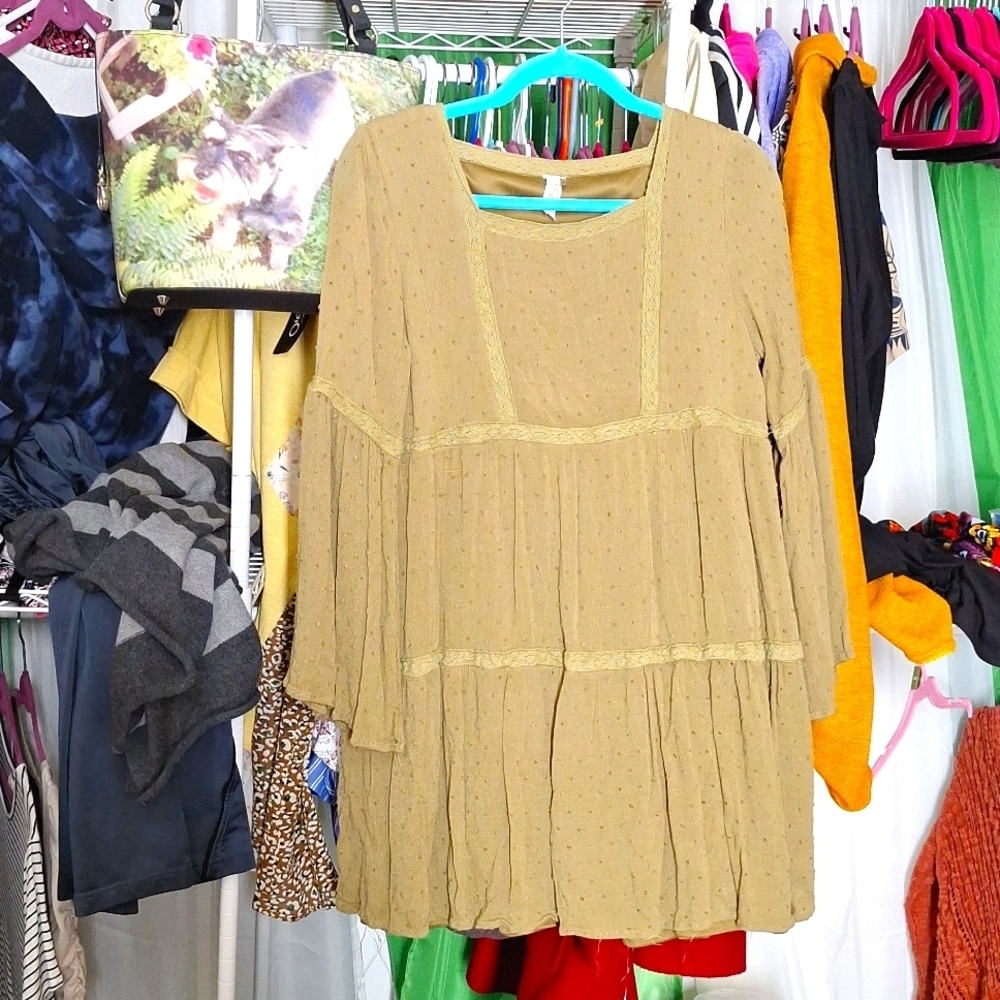L LOVE OLIVE GREEN SQUARE NECK BOHO TUNIC OR DRESS SMALL